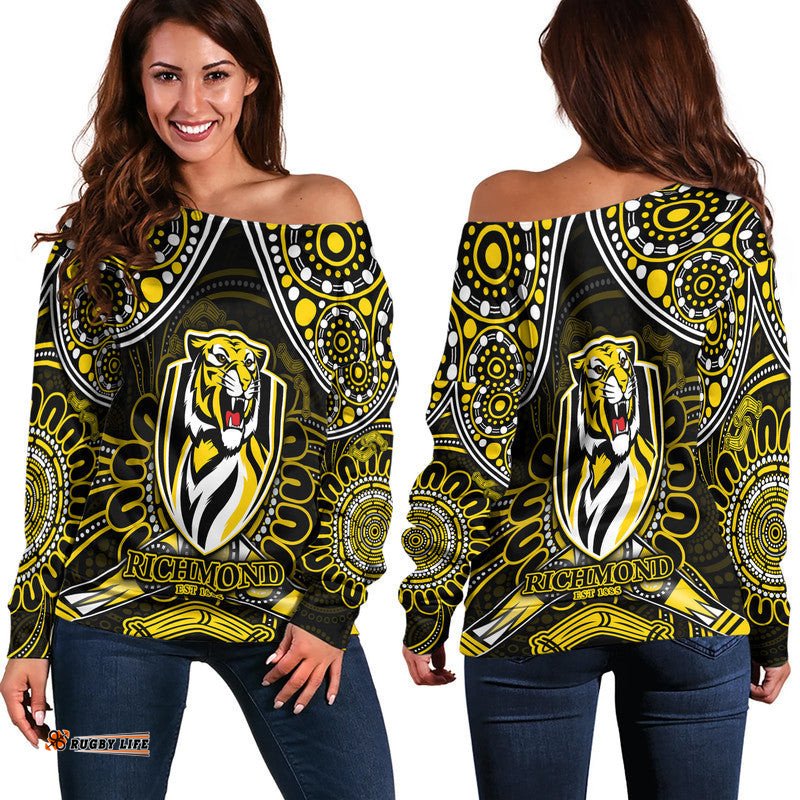 Richmond Tigers Football Women Off Shoulder Sweater Boomerang Indigenous Dots