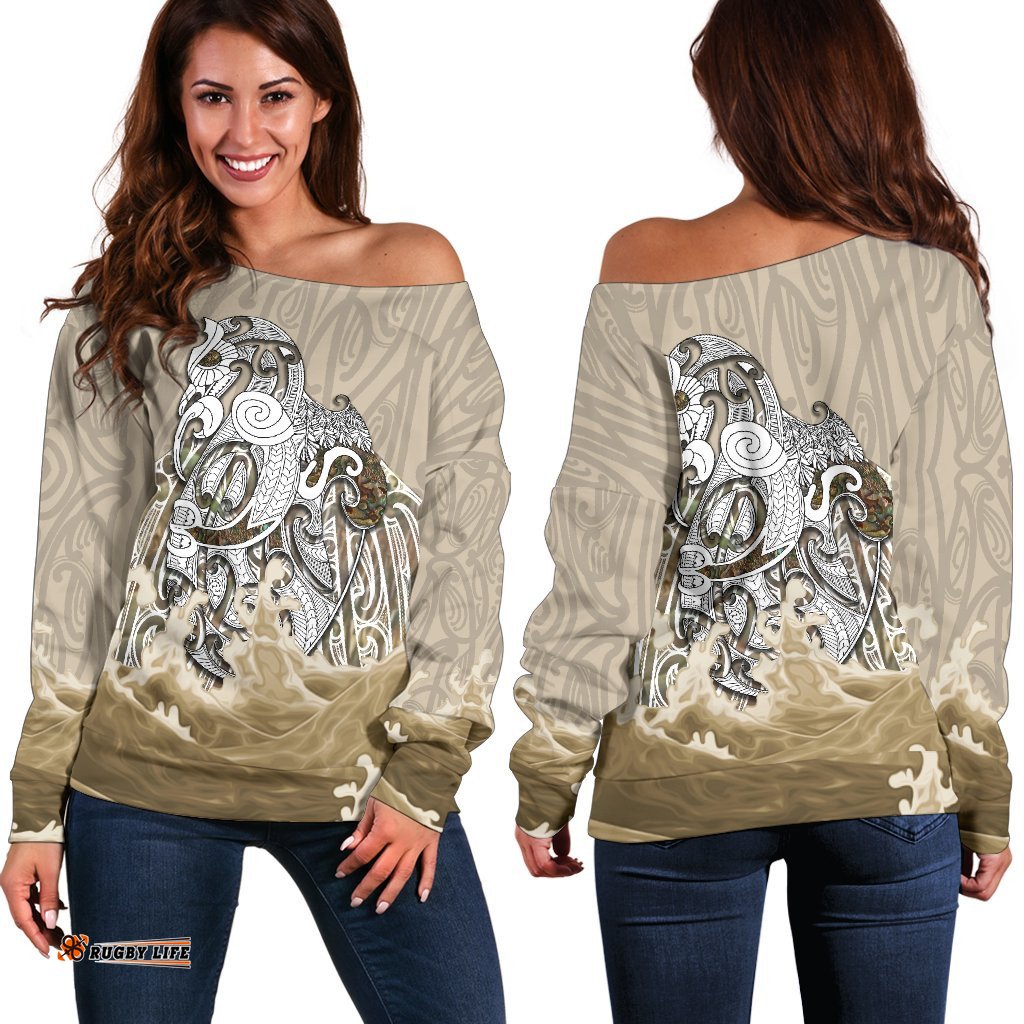 Maori Manaia The Blue Sea Women's Off Shoulder Sweater, Golden
