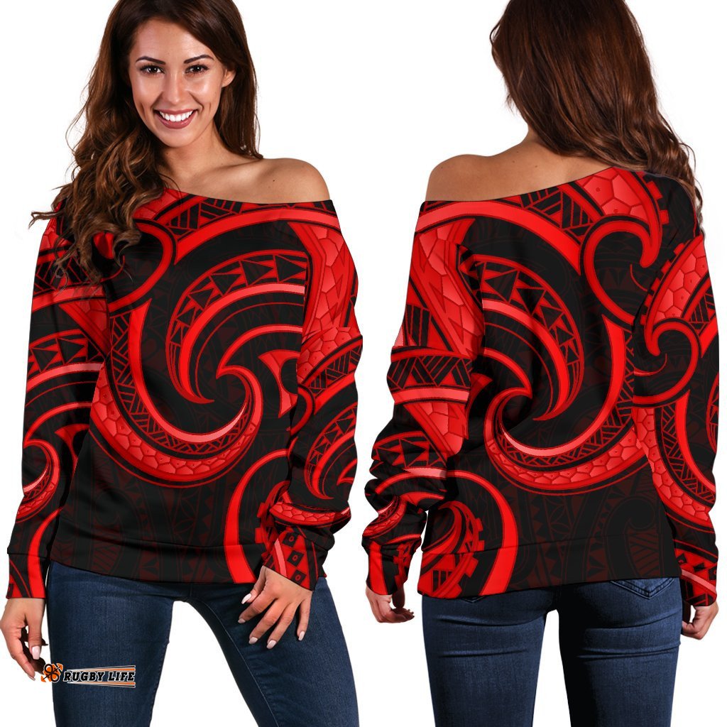 New Zealand Maori Mangopare Women Off Shoulder Sweater Polynesian Red