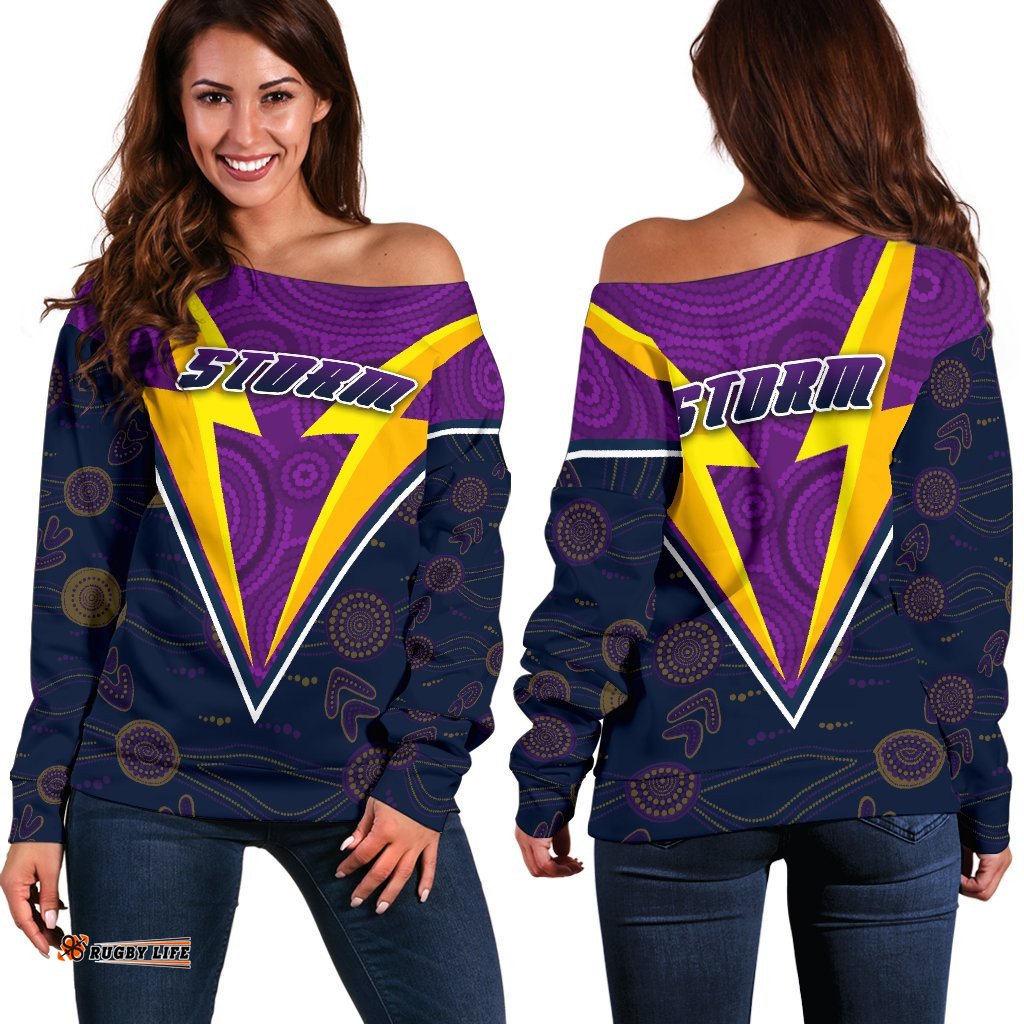 Melbourne Storm Women Off Shoulder Sweater Indigenous Artsy Style