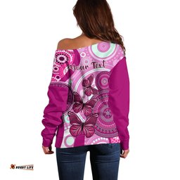 Personalised Australia Breast Cancer Off Shoulder Sweater Indigenous Butterfly No One Fights Alone