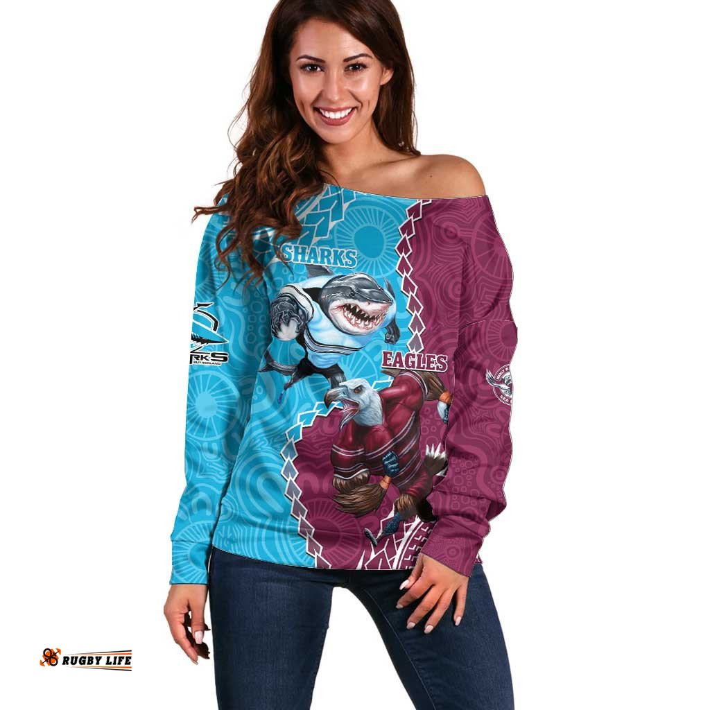 Personalised Eagles And Sharks Rugby Off Shoulder Sweater Aboriginal Mix Polynesian Pattern