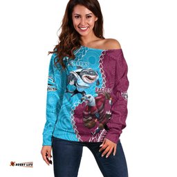 Personalised Eagles And Sharks Rugby Off Shoulder Sweater Aboriginal Mix Polynesian Pattern