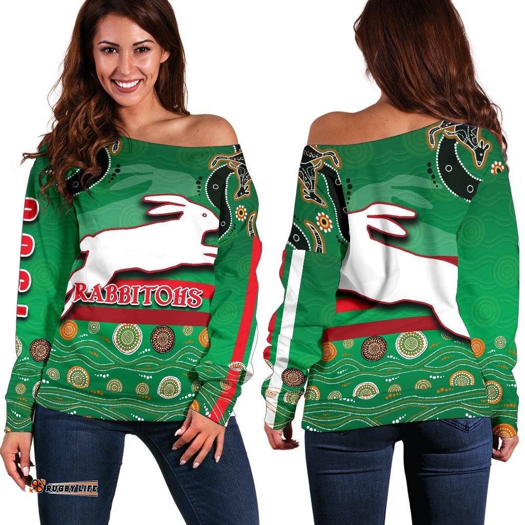 Rabbitohs Off Shoulder Sweater Indigenous Green