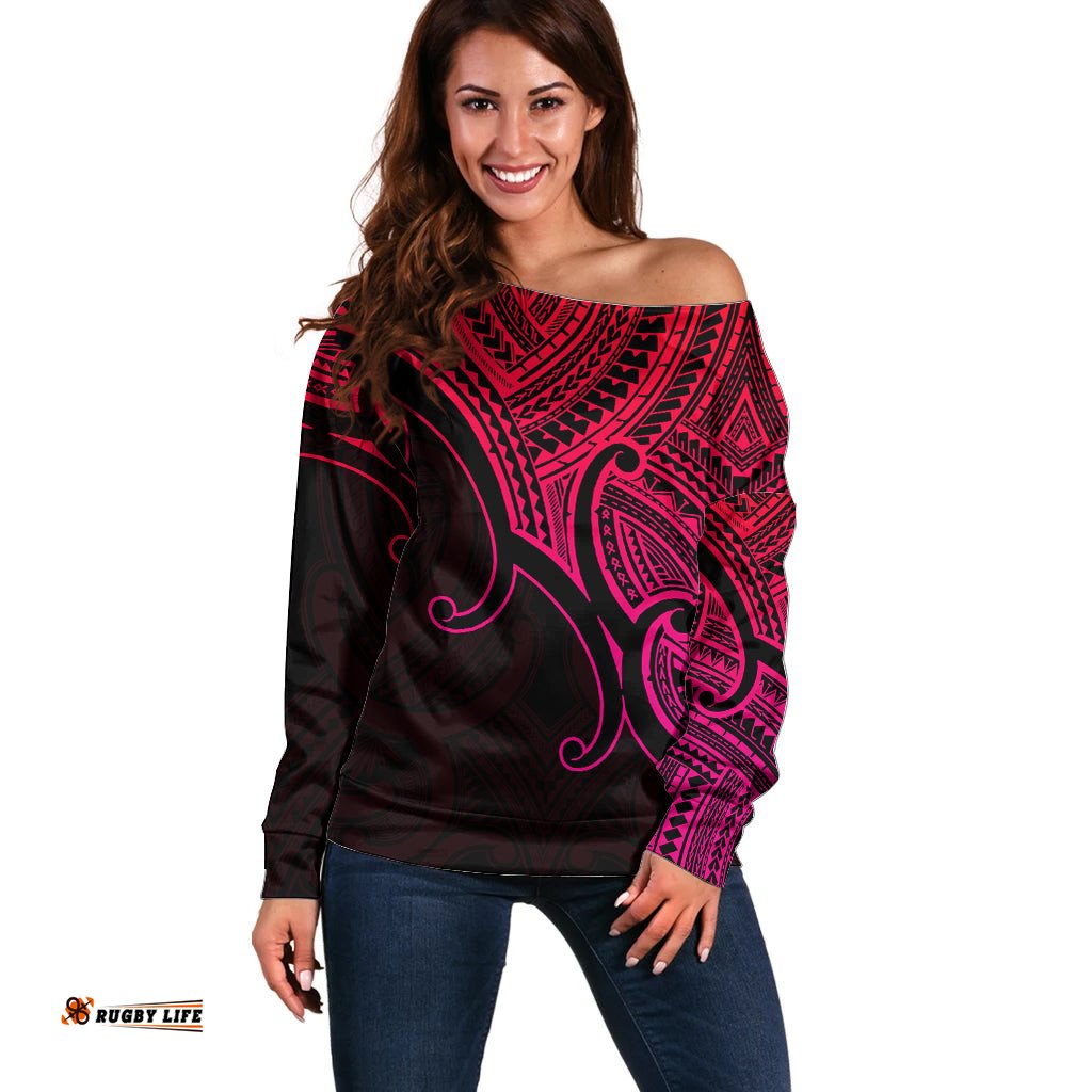 Aotearoa Maori Koru Off Shoulder Sweater Polynesian Pacific Tribal Pink