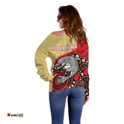 Dolphins Rugby Off Shoulder Sweater Phins Up Indigenous Art 09