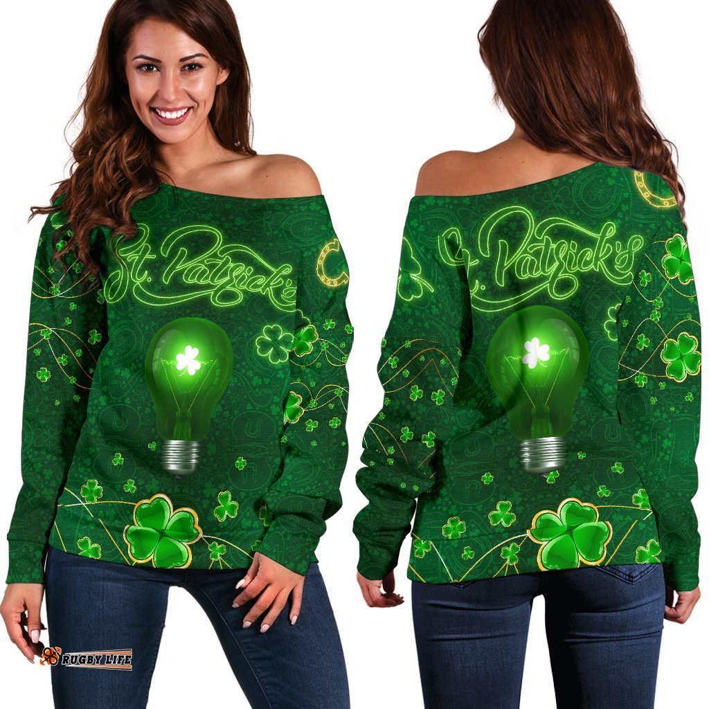 Patrick's Day Women Off Shoulder Sweater Shamrock Vibes