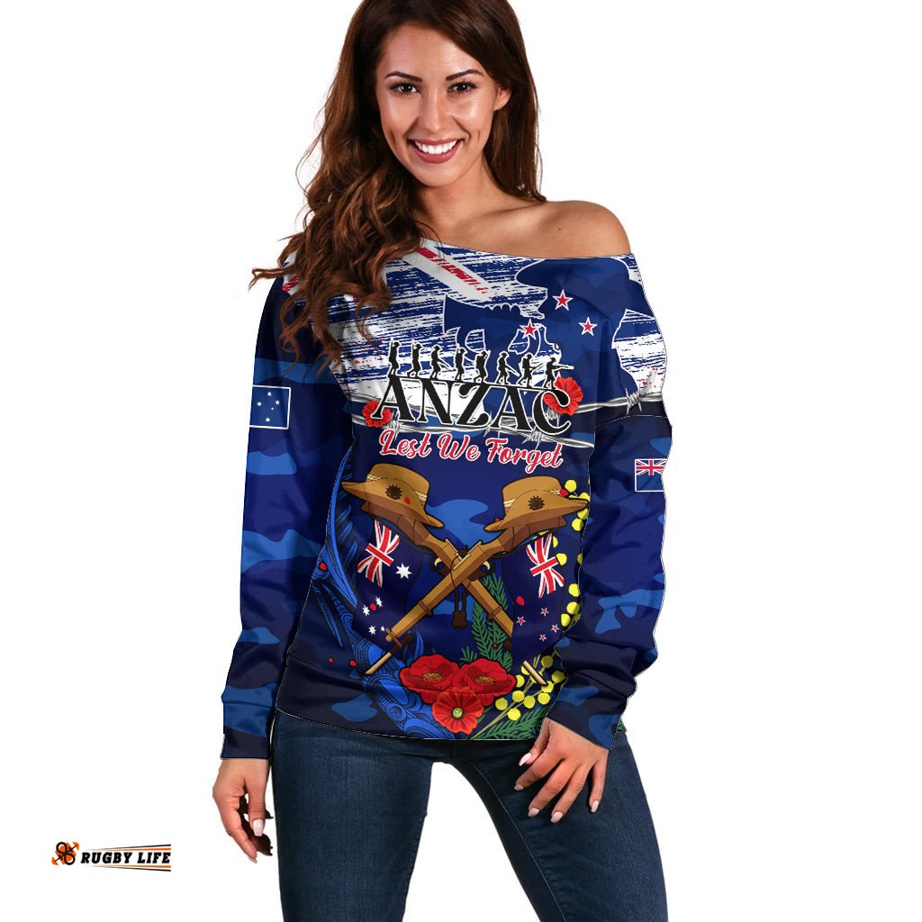 Australia And New Zealand ANZAC Day Off Shoulder Sweater Lest We Forget Silver Fern With Golden Wattle