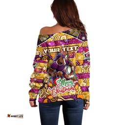 Custom Broncos Rugby Merry Christmas Off Shoulder Sweater Indigenous Australian Art
