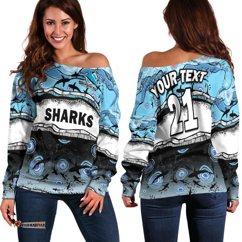 Custom Text And Number Sharkies Aboriginal Women Off Shoulder Sweater