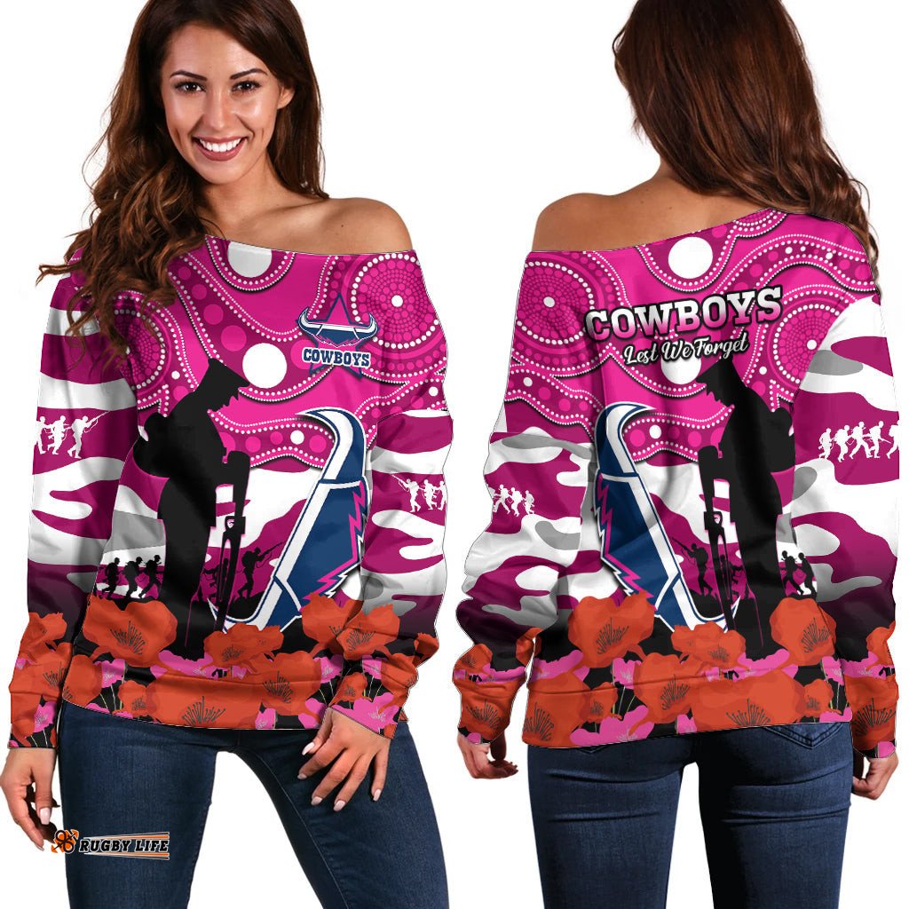 Cowboys Rugby ANZAC Off Shoulder Sweater Poppy Mix Aboriginal Magenta Version 01
