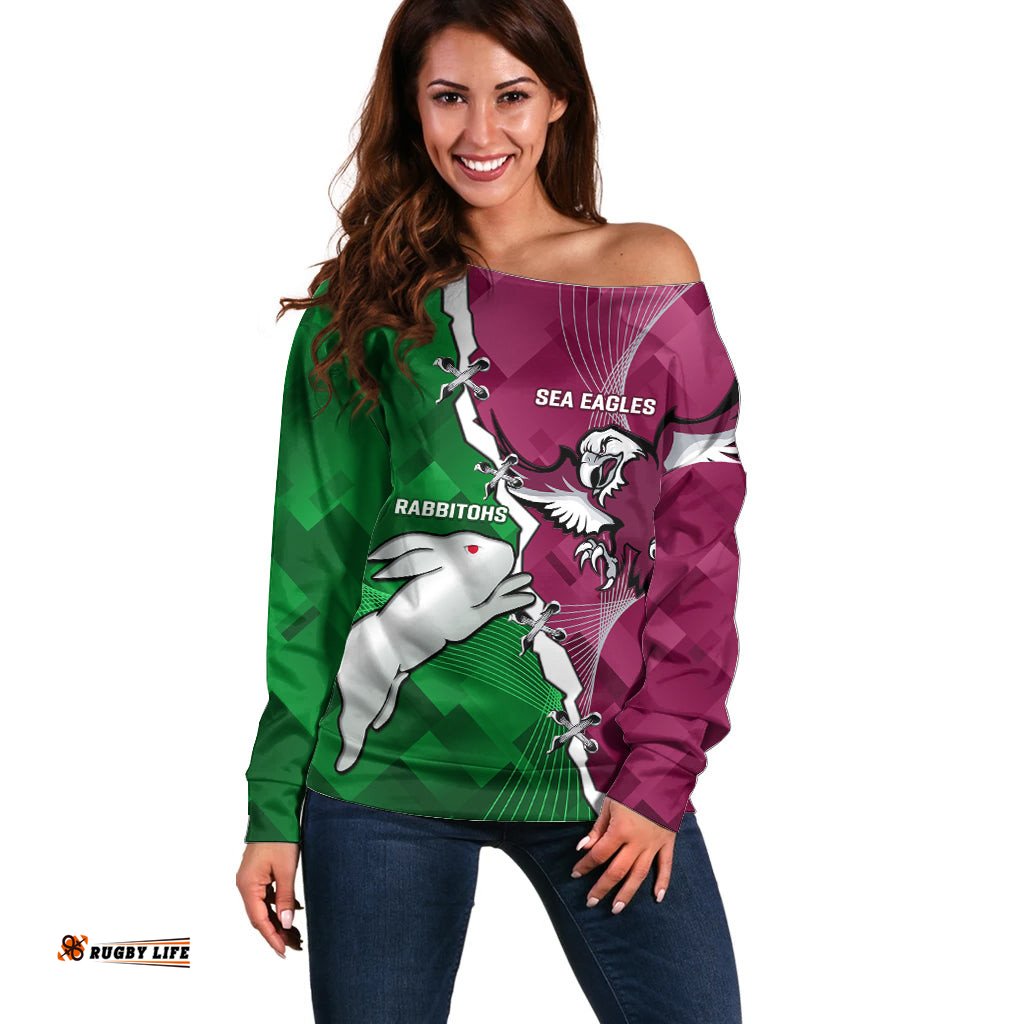 Personalised Rabbitohs And Eagles Rugby Off Shoulder Sweater NRL 2024 Dynamic Together