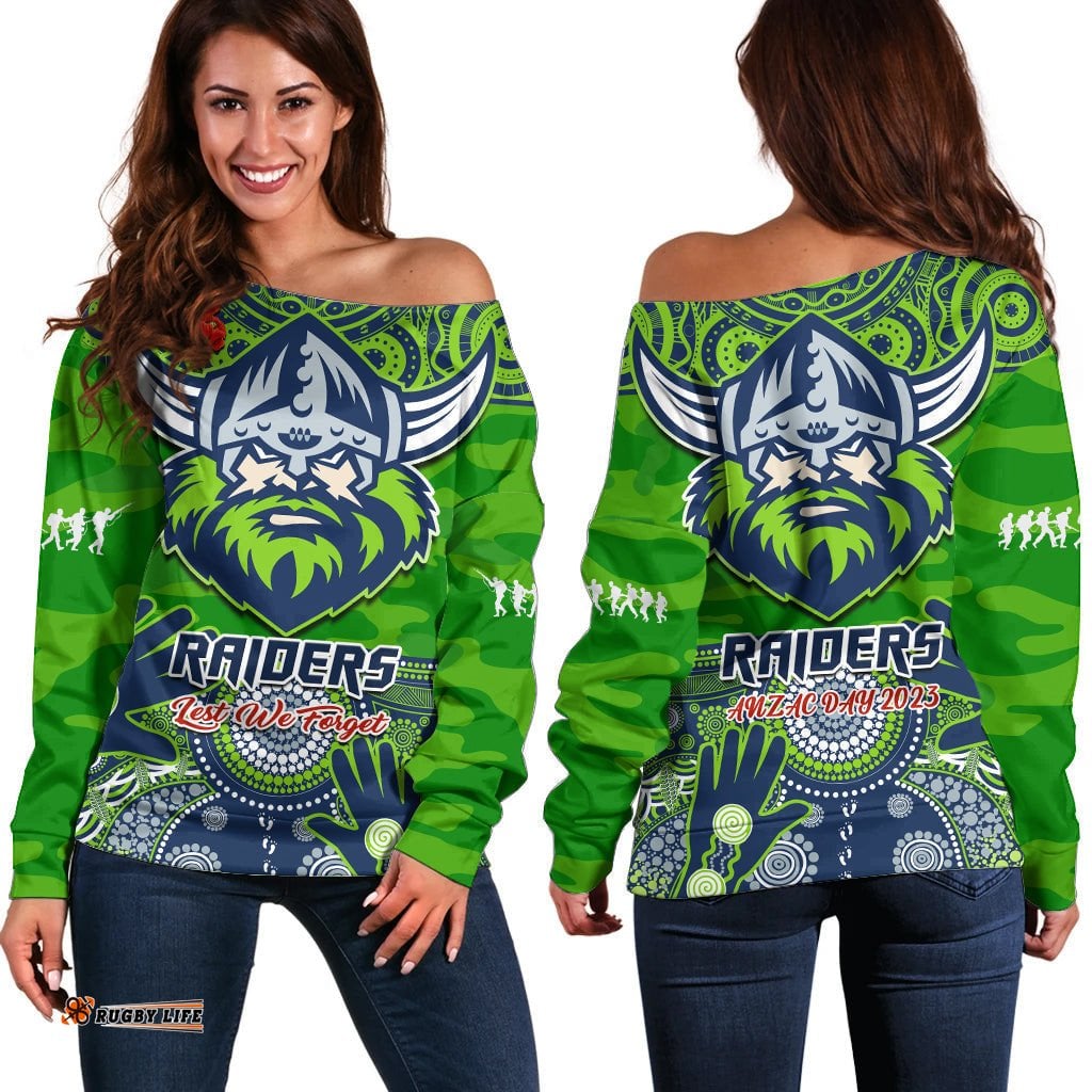 Raiders Rugby ANZAC Off Shoulder Sweater Dots Poppy Mix Camouflage Lest We Forget