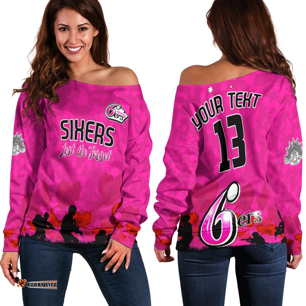 Custom Text and Number Sydney Sixers Cricket Off Shoulder Sweater Anzac Day Camouflage Poppy Lest We Forget