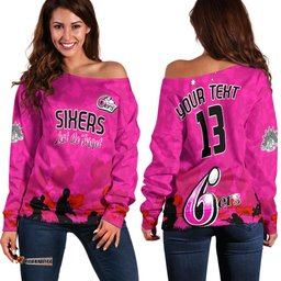 Custom Text and Number Sydney Sixers Cricket Off Shoulder Sweater Anzac Day Camouflage Poppy Lest We Forget