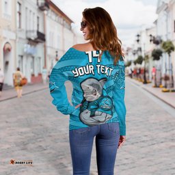 Custom Text And Number Sharks Rugby Off Shoulder Sweater Go Sharkies Aboriginal Sporty Version