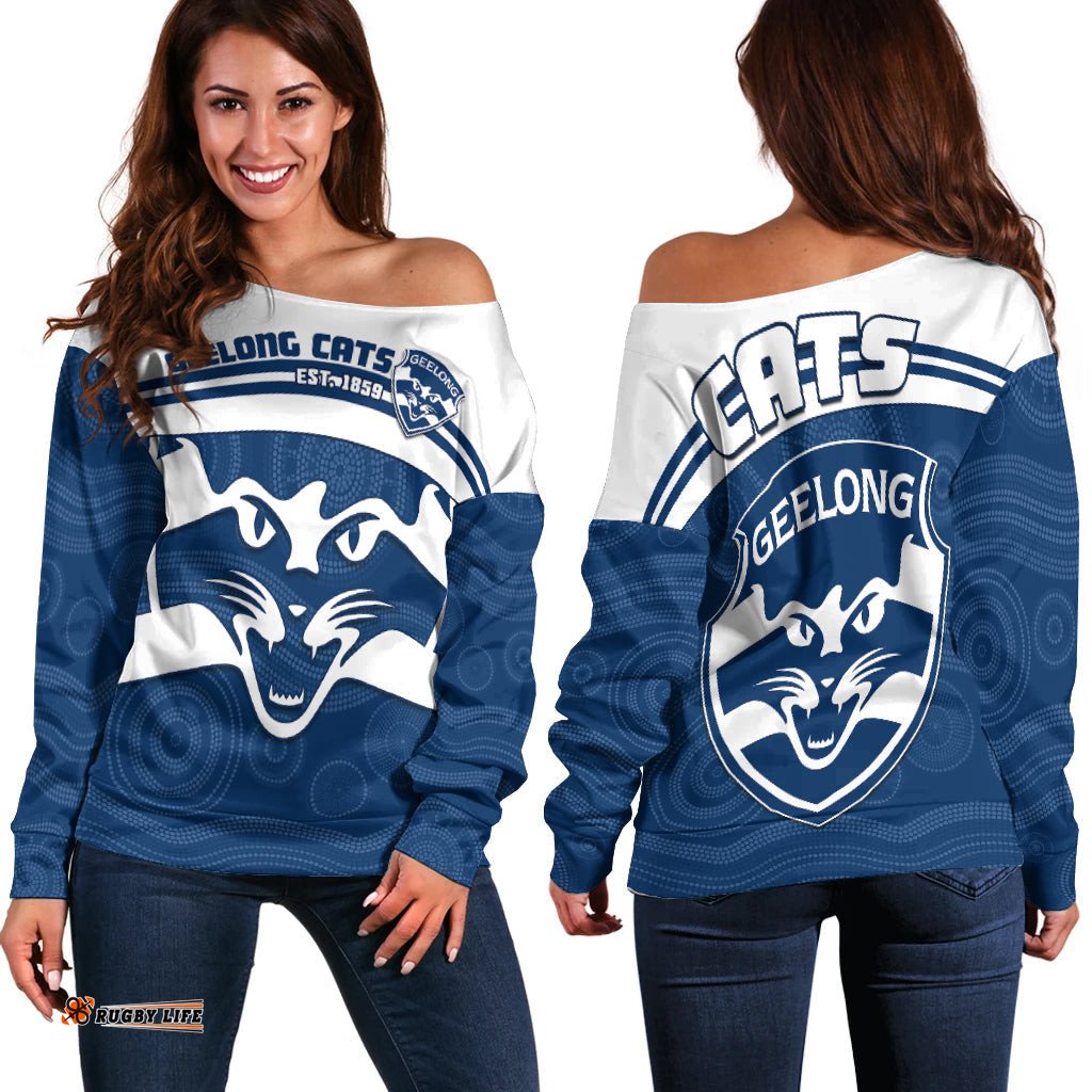 Cats Football Off Shoulder Sweater Geelong Est 1859 Aboriginal Art