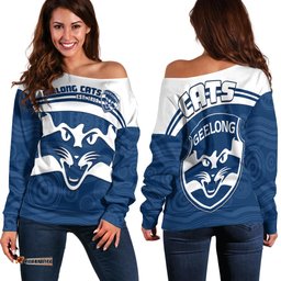 Cats Football Off Shoulder Sweater Geelong Est 1859 Aboriginal Art