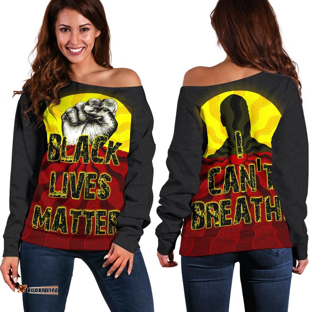 Women's Off Shoulder Sweater, Aboriginal Black Lives Matter Sun Dot Painting