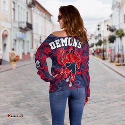 Demons Football Off Shoulder Sweater Australian Aboriginal Dot Painting