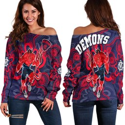 Demons Football Off Shoulder Sweater Australian Aboriginal Dot Painting