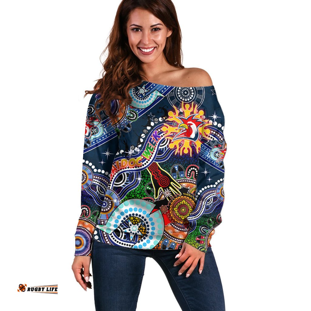 Personalised Roosters NAIDOC Week 2024 Off Shoulder Sweater Australia Aboriginal Dot Painting