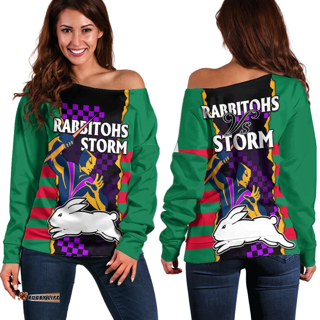 NRL Combine Rabbitohs and Storm Off Shoulder Sweater 01