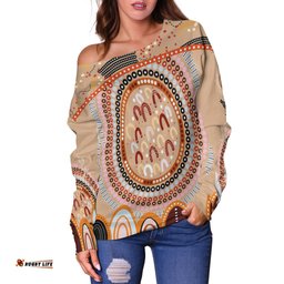 Custom Text and Number Aboriginal Stand Up Off Shoulder Sweater Circle Dot with Lizard Version PeachPuff