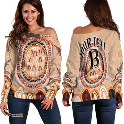Custom Text and Number Aboriginal Stand Up Off Shoulder Sweater Circle Dot with Lizard Version PeachPuff