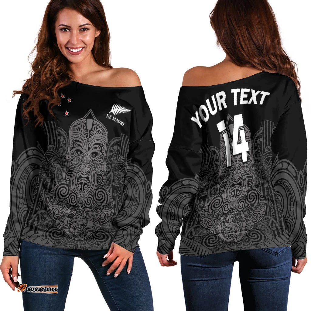 Custom Text And Number New Zealand Tiki Rugby Off Shoulder Sweater NZ Maori Koru Pattern