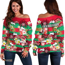 Rabbitohs Rugby Women Off Shoulder Sweater Tropical Flowers And Palm Hawaiian Style