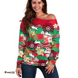Rabbitohs Rugby Women Off Shoulder Sweater Tropical Flowers And Palm Hawaiian Style