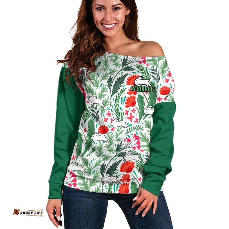 Rabbitohs Poppy Flowers Field Women Off Shoulder Sweater