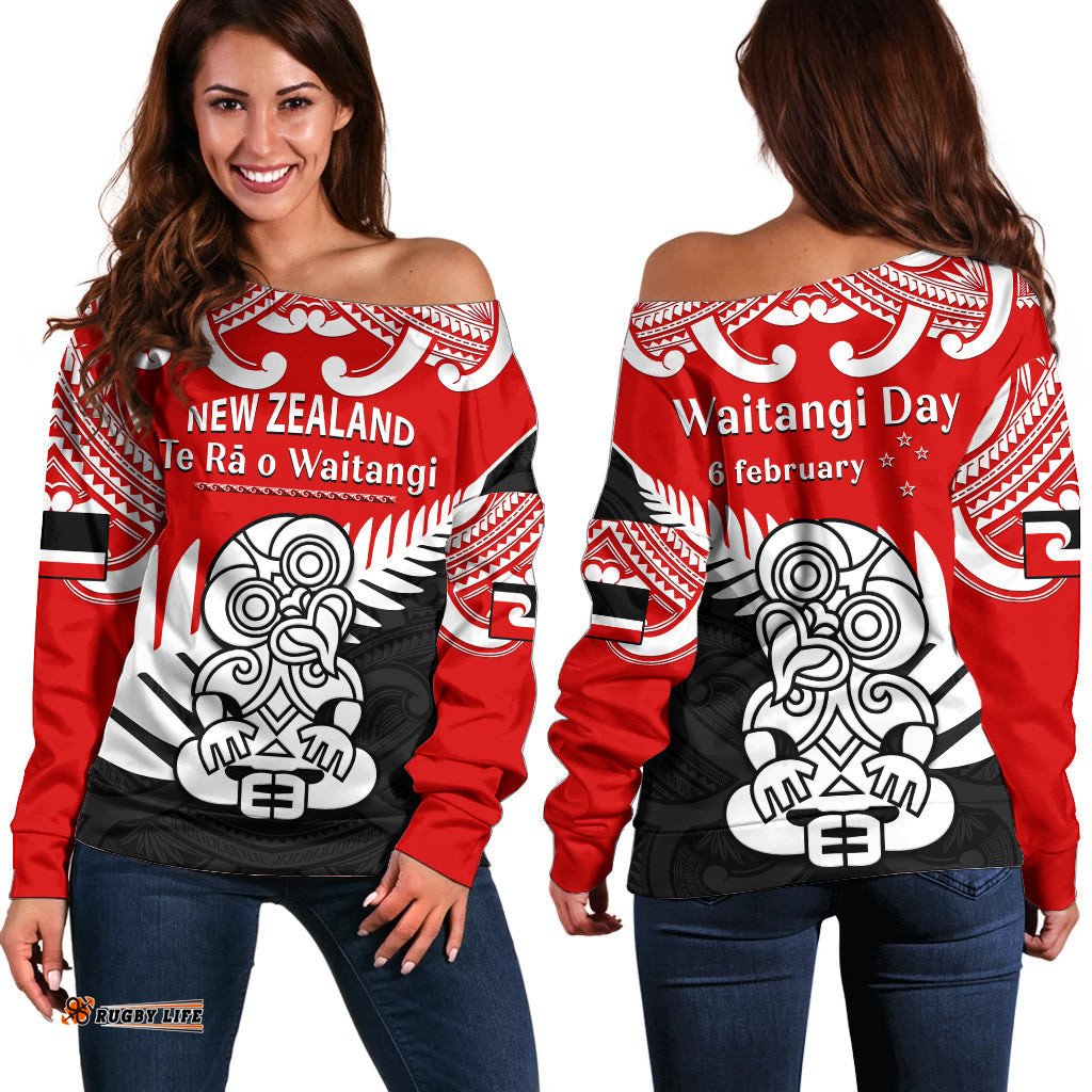 Waitangi Day Off Shoulder Sweater Tino Rangatiratanga Flag With Tiki Maori Fern