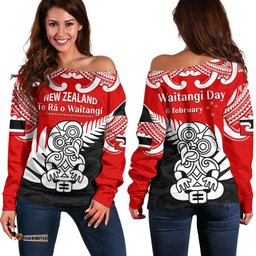Waitangi Day Off Shoulder Sweater Tino Rangatiratanga Flag With Tiki Maori Fern