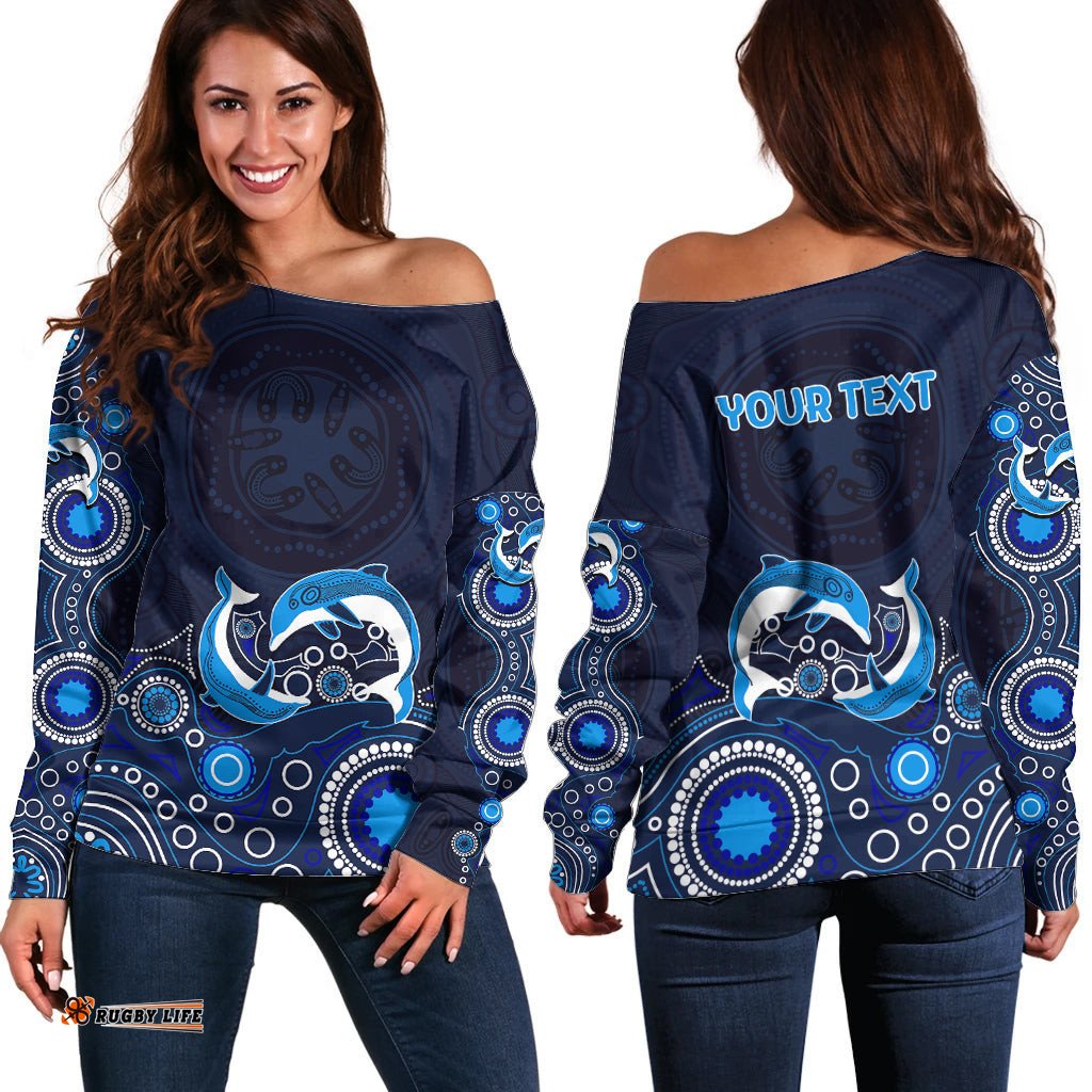 Australia Aboriginal Off Shoulder Sweater Dolphin Dark Blue