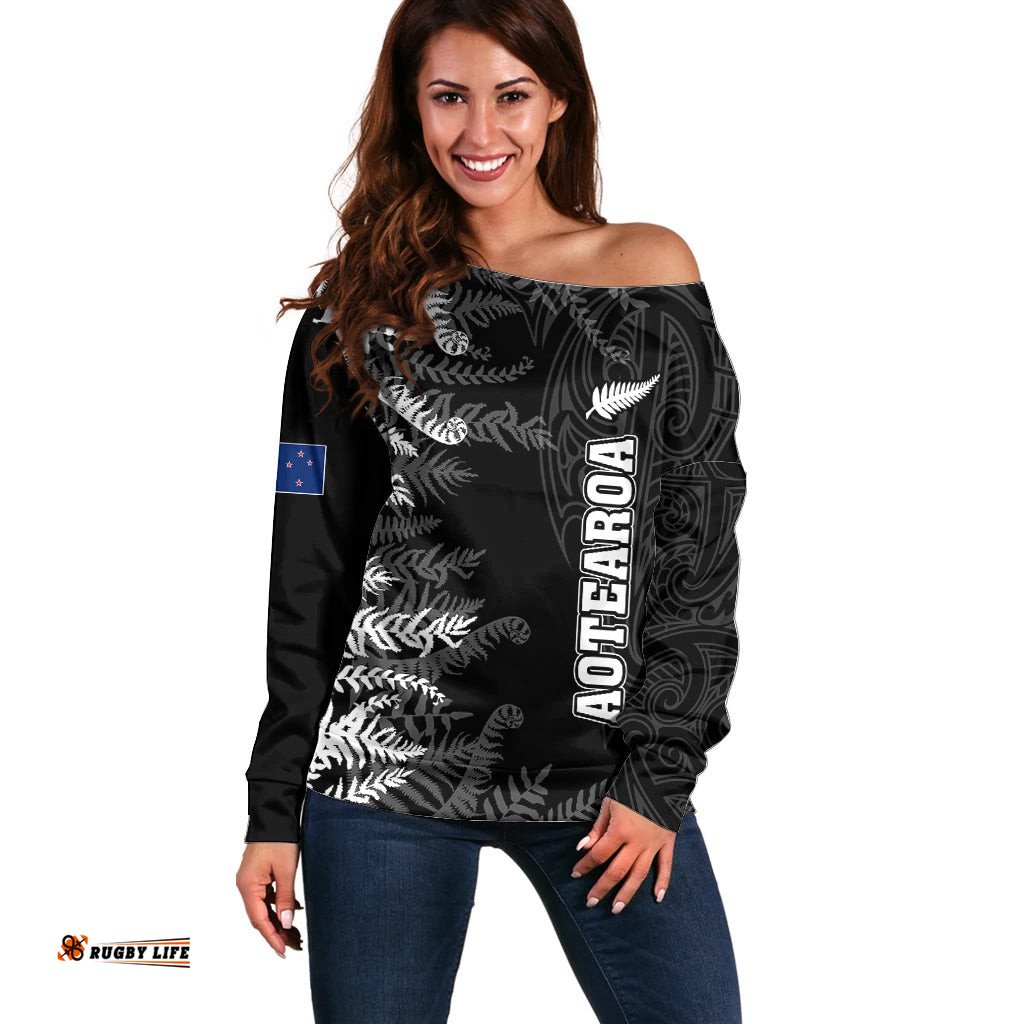 Personalised New Zealand Rugby Off Shoulder Sweater Silver Fern Basic World Cup