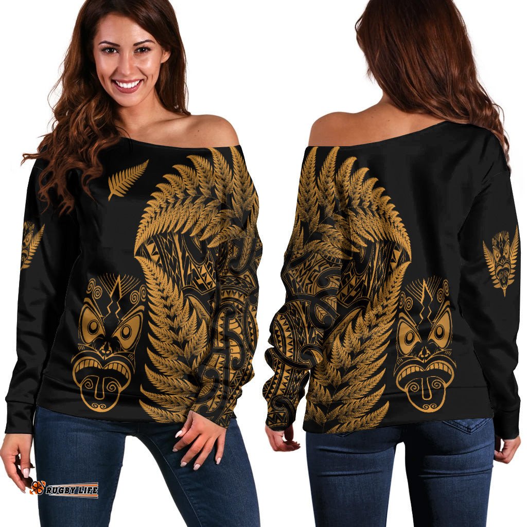 New Zealand Haka Rugby Maori Women Off Shoulder Sweater Silver Fern Vibes Gold
