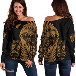 New Zealand Haka Rugby Maori Women Off Shoulder Sweater Silver Fern Vibes Gold
