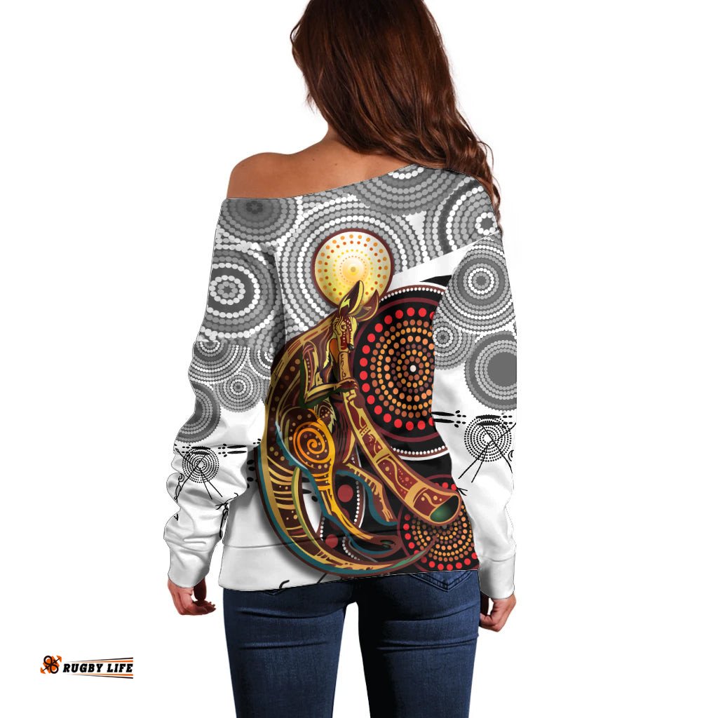 Aboriginal Kangaroo Pattern Dot Art Off Shoulder Sweater