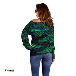 Warriors Rugby Off Shoulder Sweater Aotearoa Fern Polynesian Pattern
