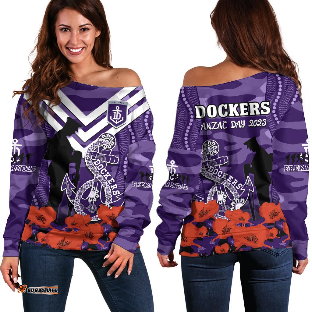 Dockers Football ANZAC Off Shoulder Sweater Aboriginal Mix Poppy Camouflage