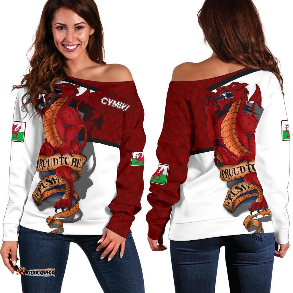 Wales Off Shoulder Sweater Dragon Proud To Be Welsh 01