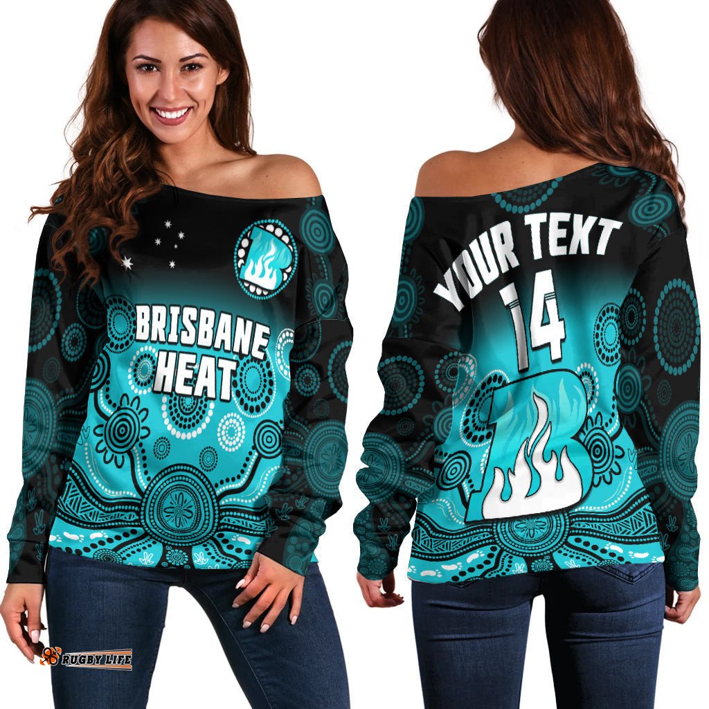 Custom Text And Number Brisbane Heat Off Shoulder Sweater Gradient Aboriginal Dot Painting