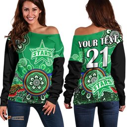 Custom Personalised Melbourne Stars Women Off Shoulder Sweater Cricket Indigenous Aboriginal Lizard Version