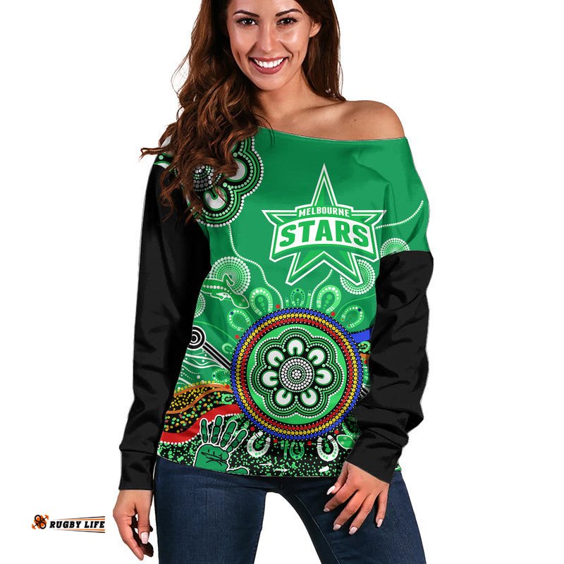 Custom Personalised Melbourne Stars Women Off Shoulder Sweater Cricket Indigenous Aboriginal Lizard Version
