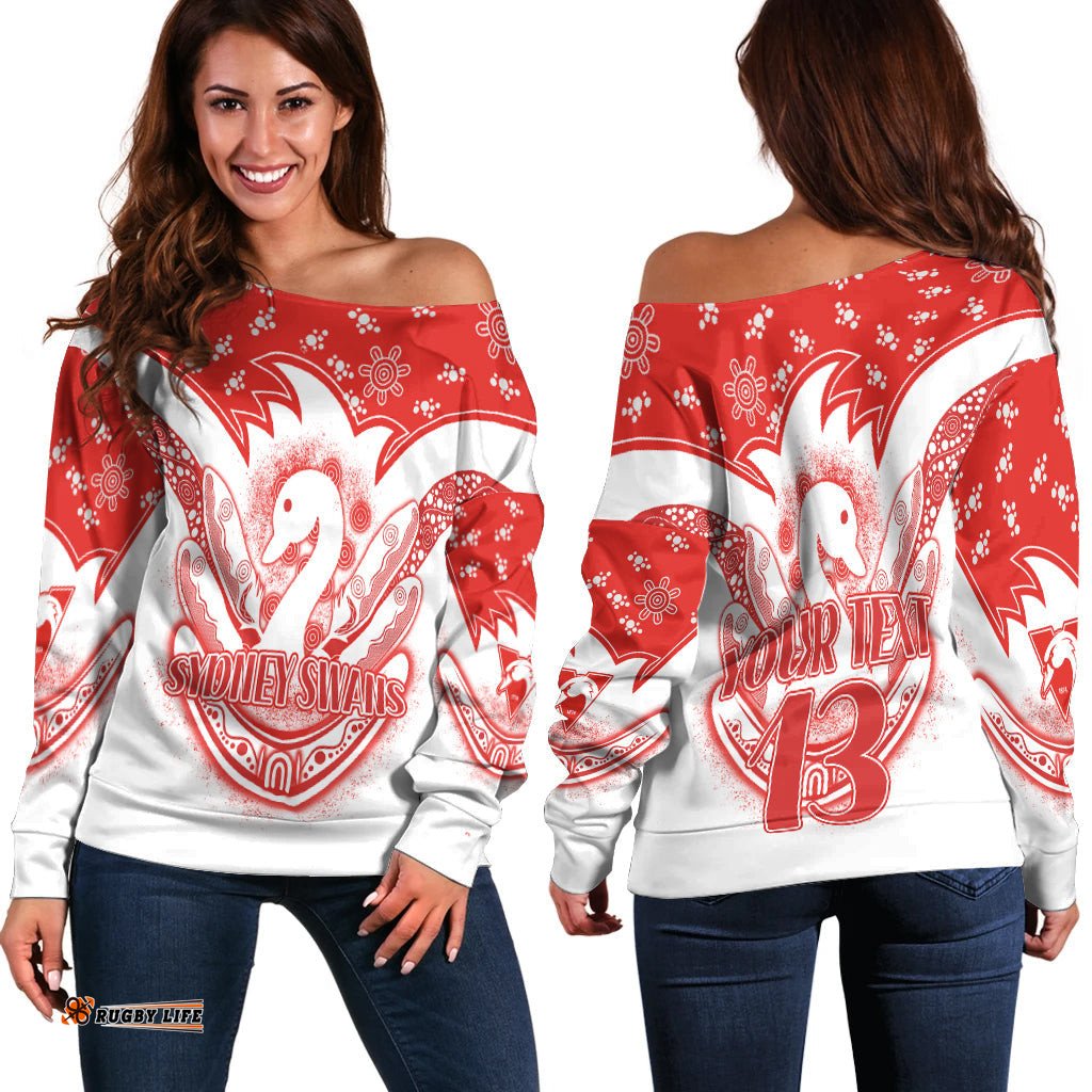 Custom Text and Number Swans Football Off Shoulder Sweater Est 1874 Aboriginal Boomerang Sydney Bloods
