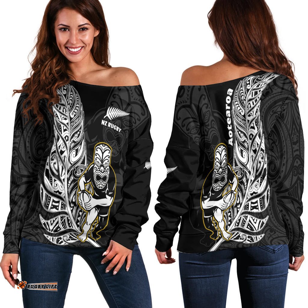 New Zealand Silver Fern Rugby Off Shoulder Sweater All Black Maori Version Black