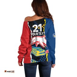 Custom Text And Number NRL Combine Dolphins and Parra Eels Off Shoulder Sweater Simple Style