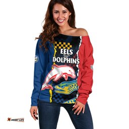 Custom Text And Number NRL Combine Dolphins and Parra Eels Off Shoulder Sweater Simple Style